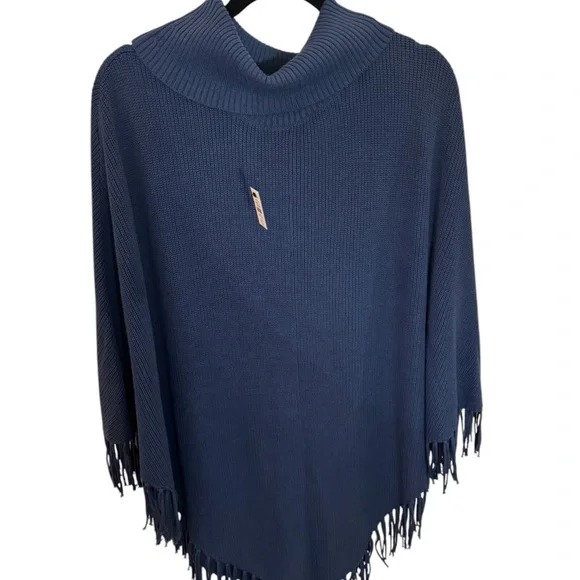 Soft Blue Poncho Sweater with Cowl Neck and Fringe - Picture 7 of 8